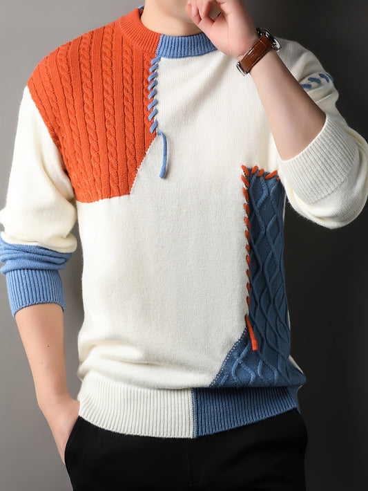 1pc Men'S Korean Style Crew Neck Sweater, Casual Striped Pattern, Rib-Knit, Slight Stretch, Loose Fit, Acrylic Knit Fabric, Thick Warm Patchwork Pullover for Fall/Winter - Fashionable Color Block Base Layer Top [12422]