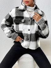 Plaid Pattern Button Front Fuzzy Coat, Casual Long Sleeve Warm Outerwear For Fall & Winter, Women&