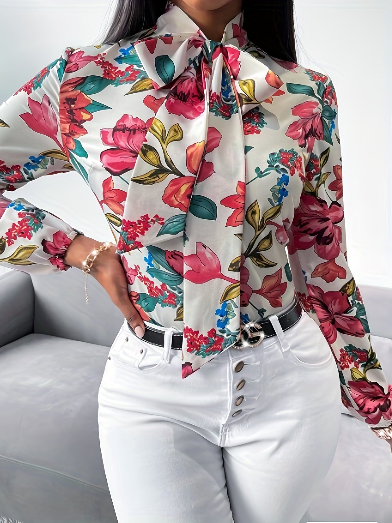 Floral Print Tie Neck Blouse