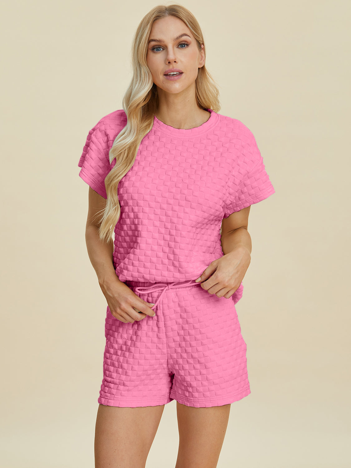 Double Take Full Size Texture T-Shirt and Shorts Set - MyEmpired