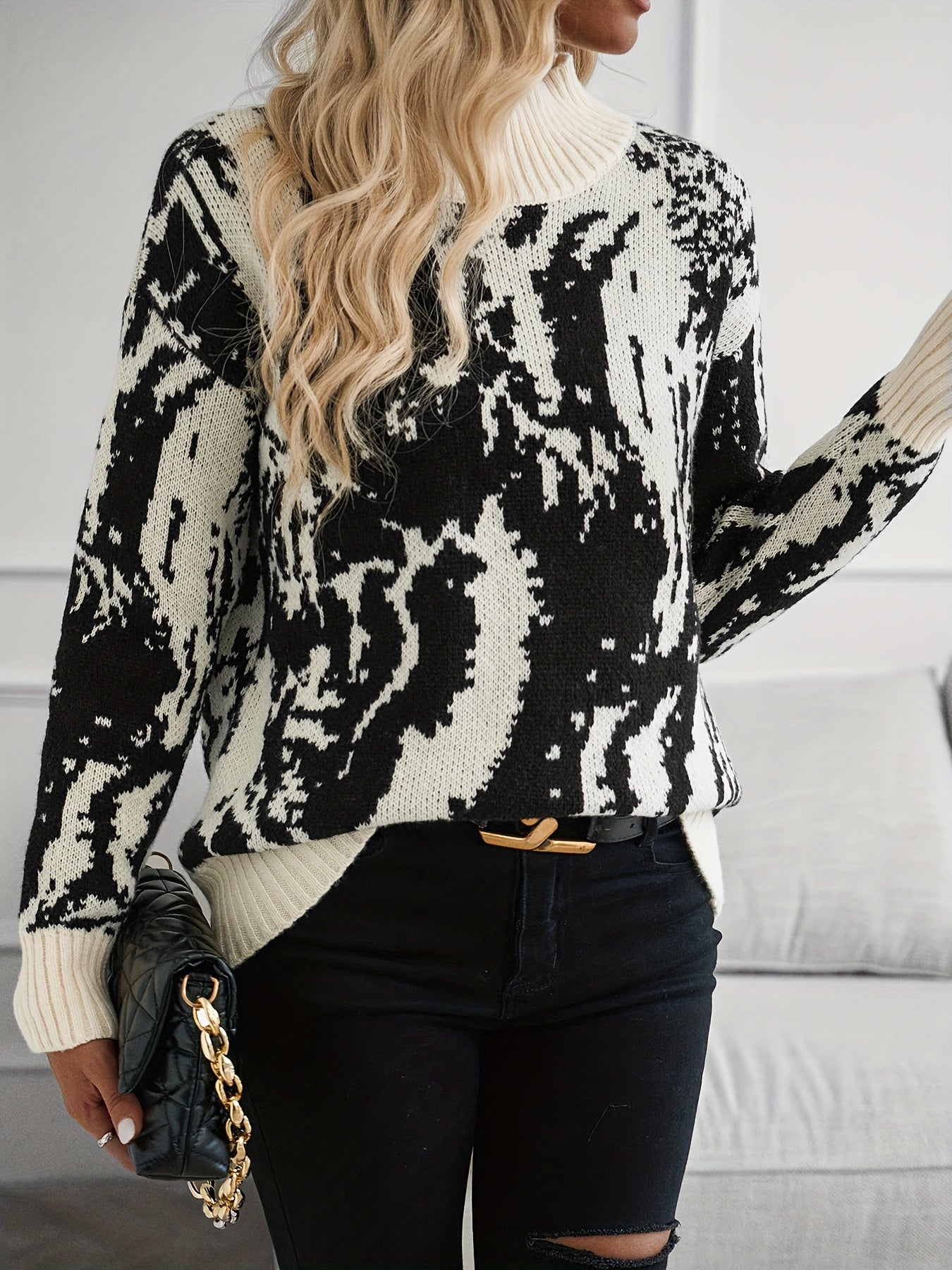 Zebra Striped Mock Neck Sweater, Elegant Long Sleeve Sweater For Fall & Winter, Women's Clothing