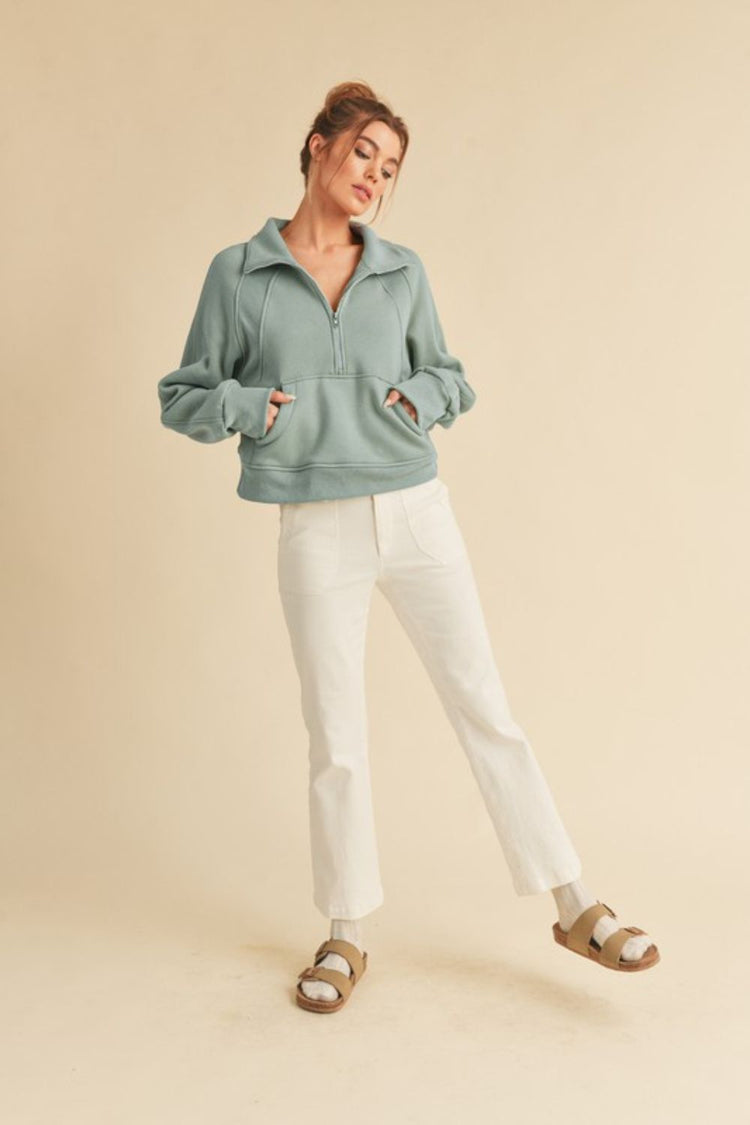 Aemi + Co Half Zip Raglan Sleeve Sweatshirt with Kangaroo Pocket - MyEmpired