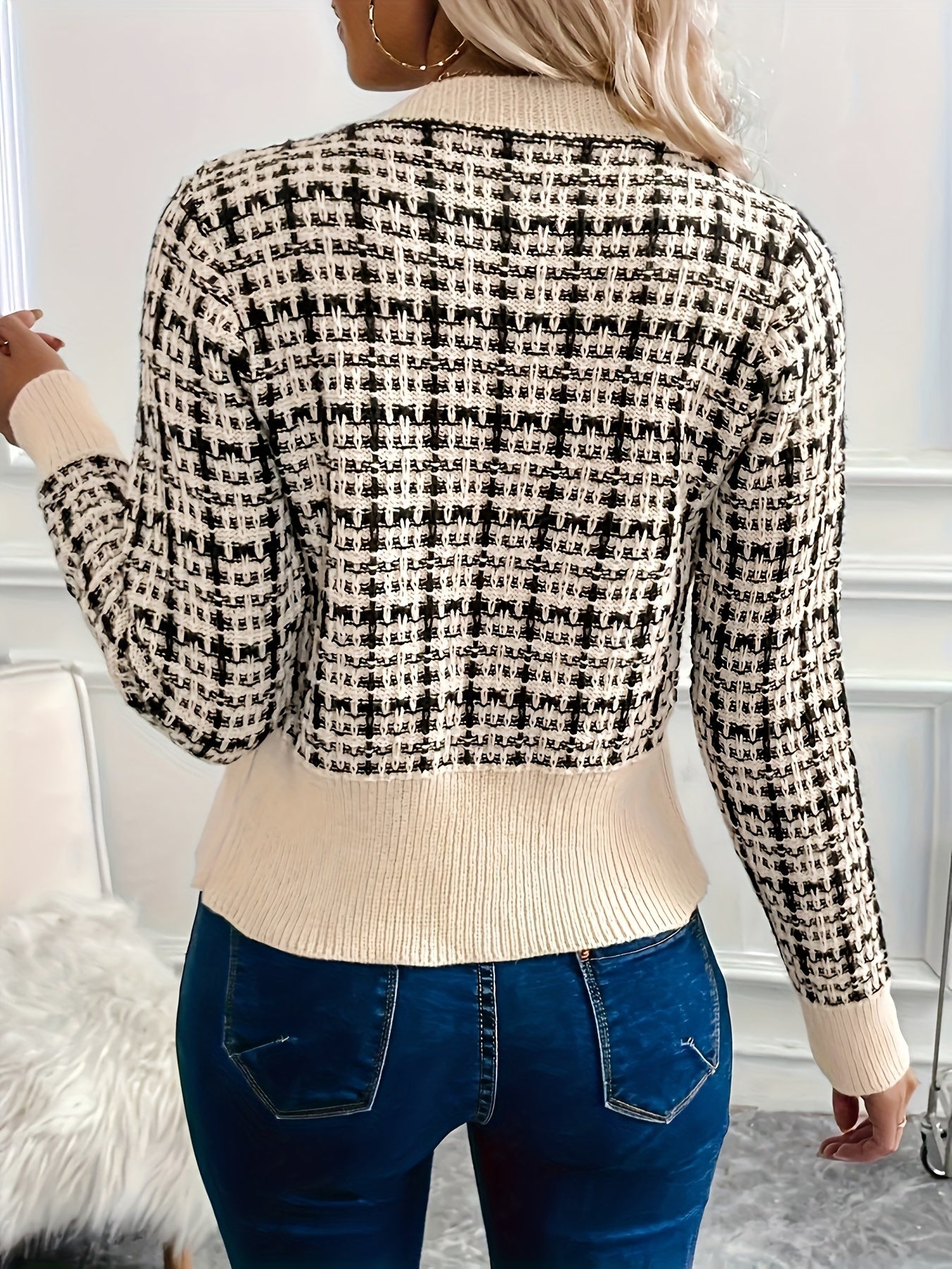 Women's Elegant Viscose Knit Cardigan, 2024 Spring/Autumn Houndstooth Pattern, Round Neck, Button Front, Fashion Sweater Open Cardigan for Ladies