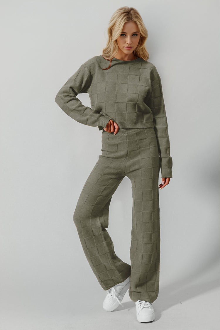 Double Take Full Size Checkered Round Neck Top and Pants Set - MyEmpired