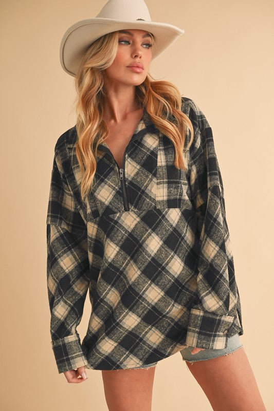 Aemi + Co Slit Plaid Half Zip Drop Shoulder Top - MyEmpired