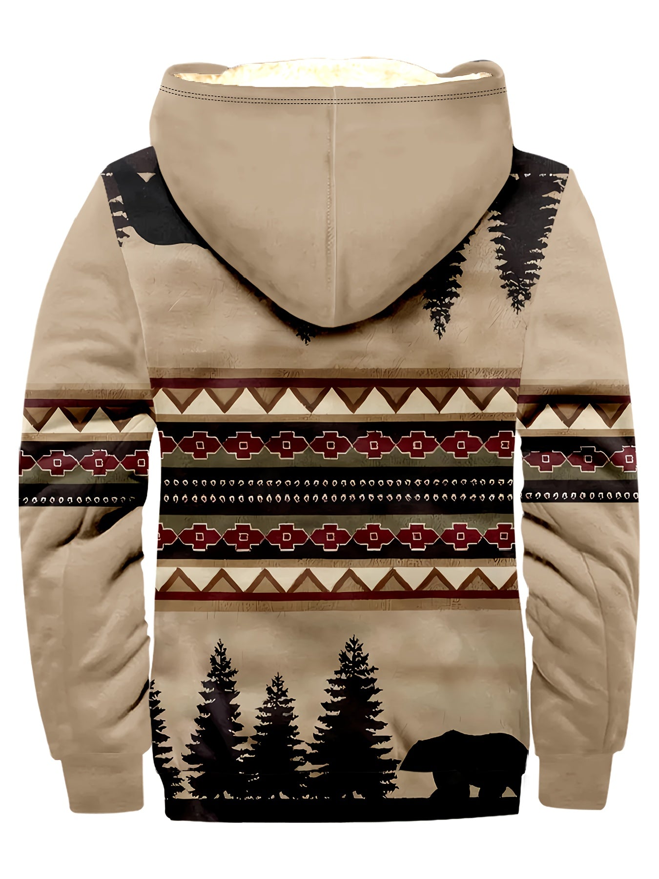 Men's Tribal Pattern Hooded Jacket - Casual 3D Print, Zip-Up with Fleece Lining, Long Sleeve, Machine Washable - Perfect for Fall/Winter