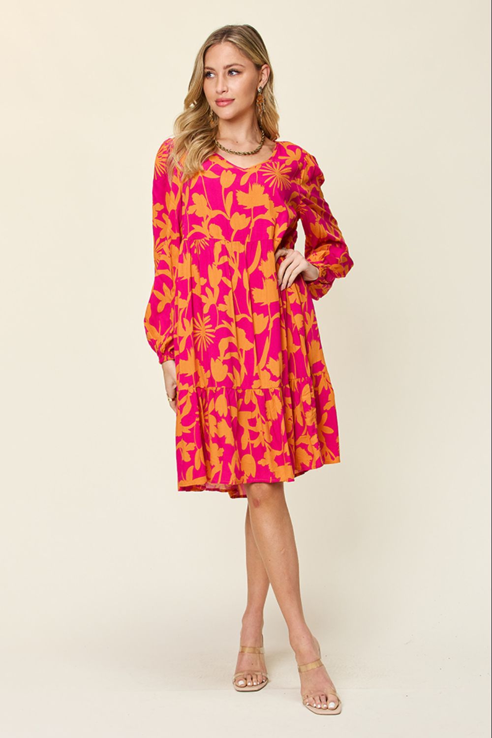 Double Take Full Size Printed Ruffle Hem Dress with Pocket - MyEmpired