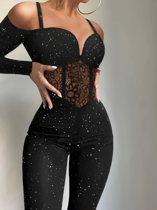 Sequin Skinny Leg Jumpsuit, Sexy Long Sleeve Jumpsuit For Spring & Fall, Women&