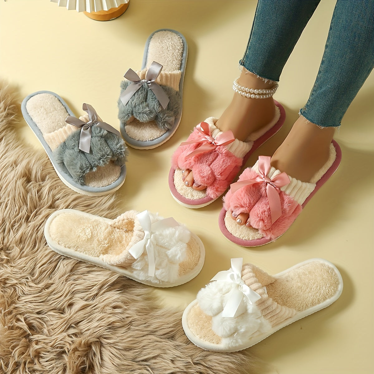 Soothing Softness, Cozy Women's Plush Slippers with Bowknot - Soft, Open Toe Home Shoes for Bedroom or Floor, Easy Slip-On Design