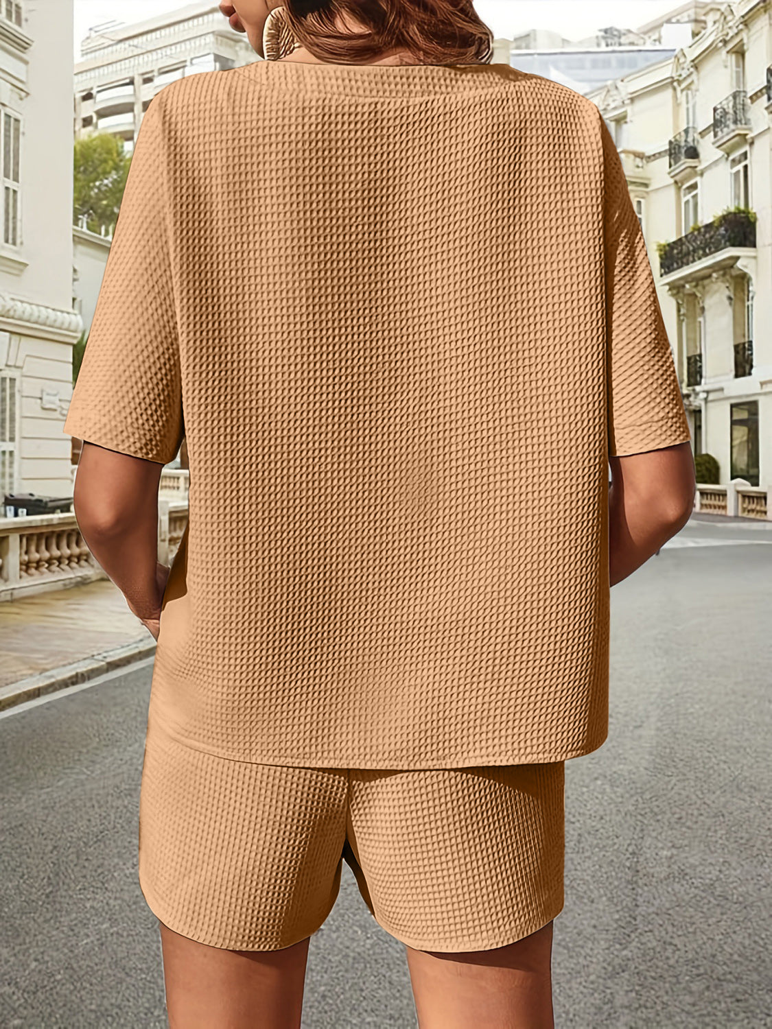 Waffle-Knit Half Sleeve Top and Shorts Set - MyEmpired