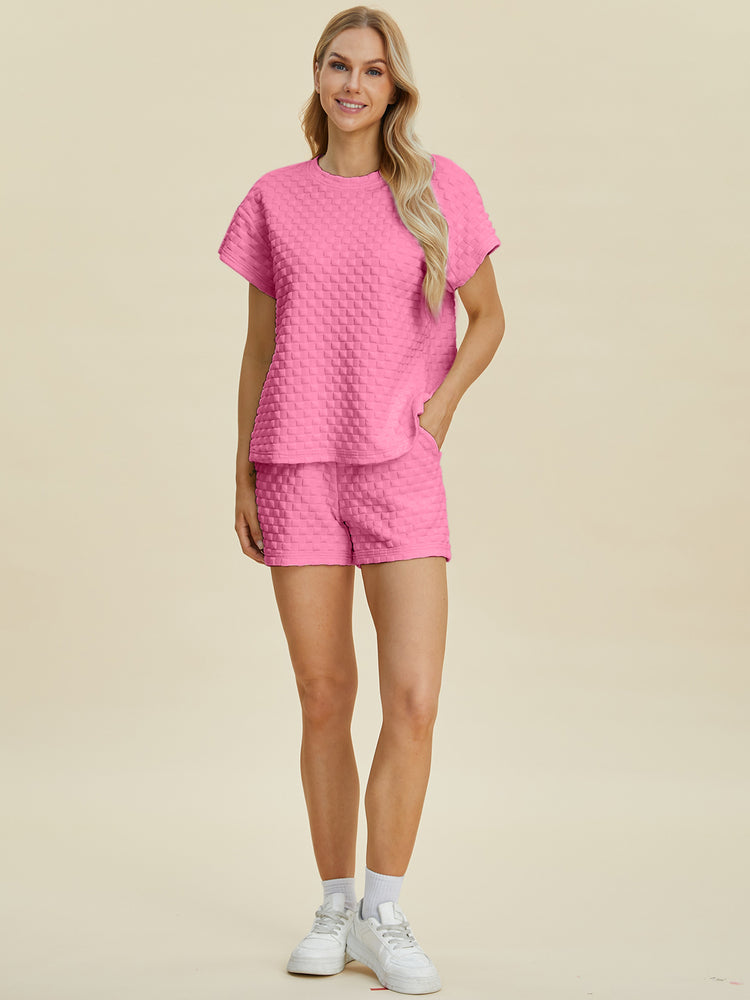 Double Take Full Size Texture T-Shirt and Shorts Set - MyEmpired