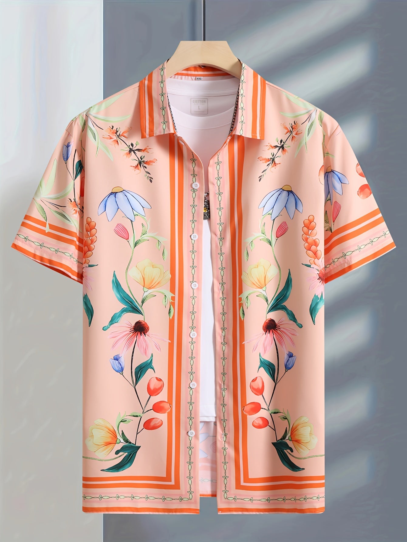 Men's Floral Graphic Pattern And Stripe Print Lapel Shirt With Button Down Placket And Short Sleeve, Fashionable And Chic Tops For Men, Suitable For Summer Leisurewear And Vacation