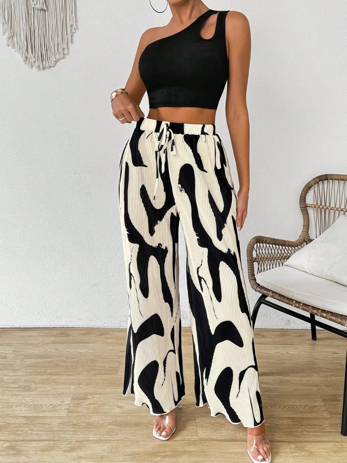 Cutout One Shoulder Top and Printed Pants Set - MyEmpired
