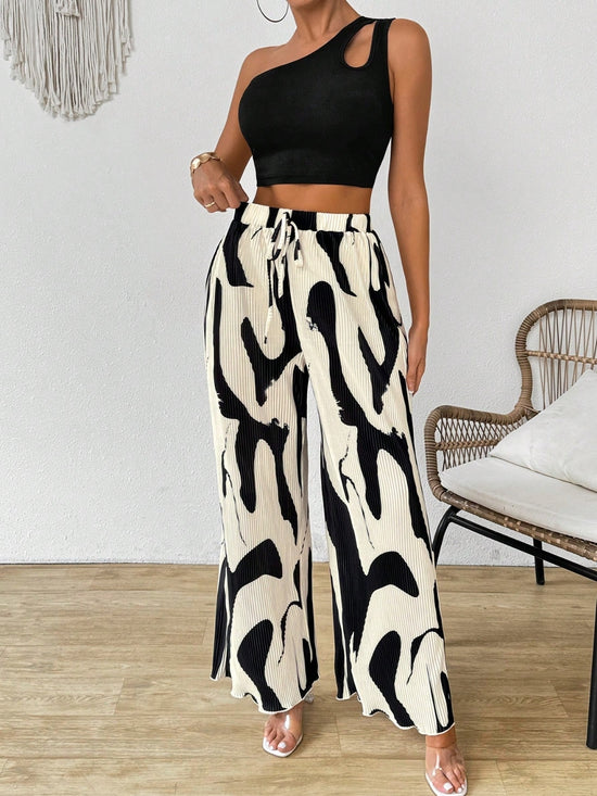 Cutout One Shoulder Top and Printed Pants Set - MyEmpired
