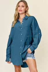 Double Take Full Size Pocketed Texture Button Up Shirt - MyEmpired