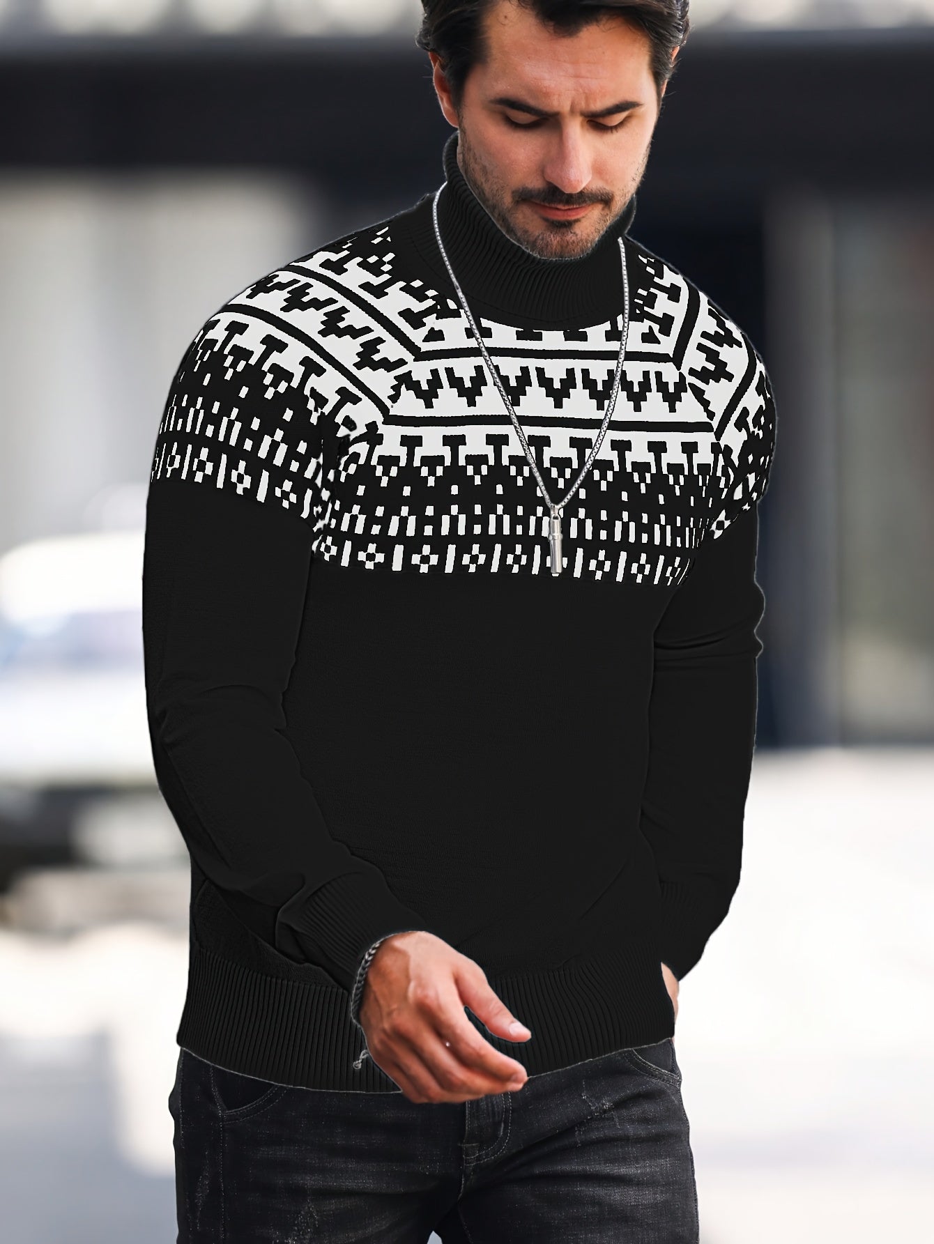 Men's Geometric Graphic Print Knitted Pullover, Casual Long Sleeve Turtle Neck Sweater For Fall Winter, Outdoor Cloth