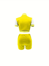 Letter Print Matching Two-piece Set, Color Block Jacket & Elastic Shorts Outfits, Women&