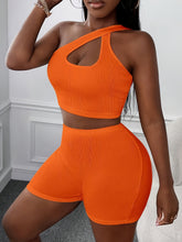 Solid Slim Sexy Shorts Set, One Shoulder Asymmetrical Neck Backless Sleeveless Crop Top & High Waist Skinny Shorts Outfits, Women&