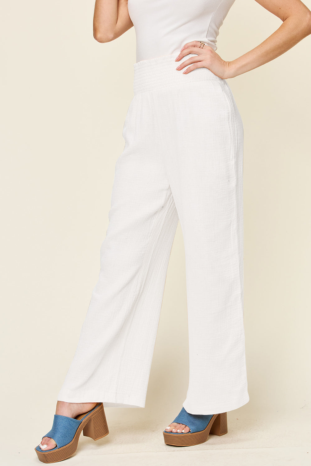 Double Take Full Size Texture Smocked Waist Wide Leg Pants - MyEmpired