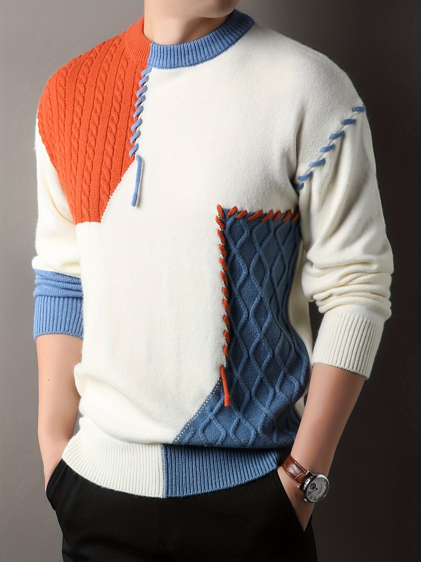 1pc Men'S Korean Style Crew Neck Sweater, Casual Striped Pattern, Rib-Knit, Slight Stretch, Loose Fit, Acrylic Knit Fabric, Thick Warm Patchwork Pullover for Fall/Winter - Fashionable Color Block Base Layer Top [12422]