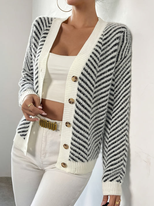 Striped Drop Shoulder Button Front Cardigan, Elegant V Neck Long Sleeve Cardigan For Fall & Winter, Women's Clothing