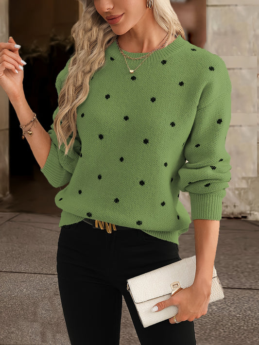 Polka Dot Crew Neck Pullover Sweater, Elegant Long Sleeve Basic Sweater, Women's Clothing