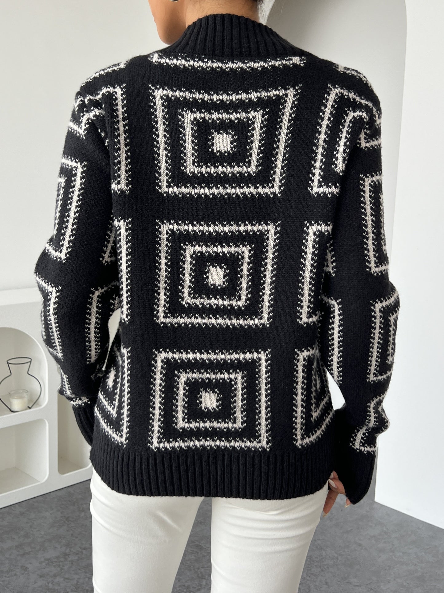 Geometric Pattern Mock Neck Sweater, Elegant Long Sleeve Sweater For Fall & Winter, Women's Clothing