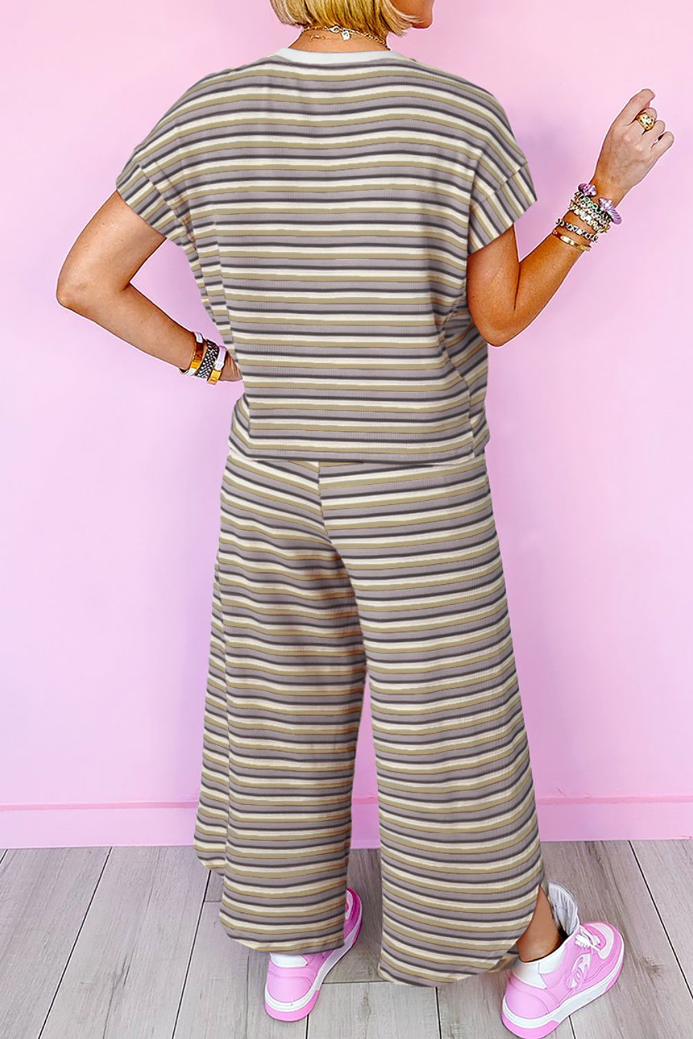 Striped Round Neck Short Sleeve Top and Pants Set - MyEmpired