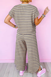 Striped Round Neck Short Sleeve Top and Pants Set - MyEmpired