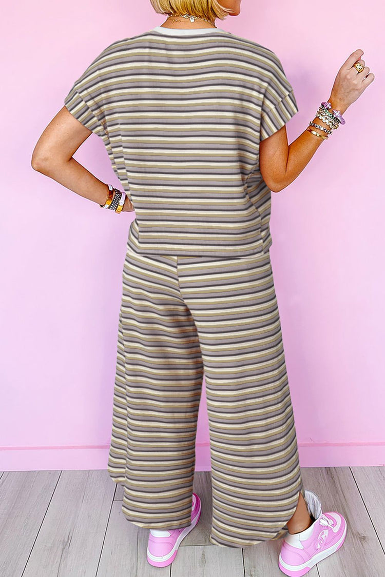 Striped Round Neck Short Sleeve Top and Pants Set - MyEmpired