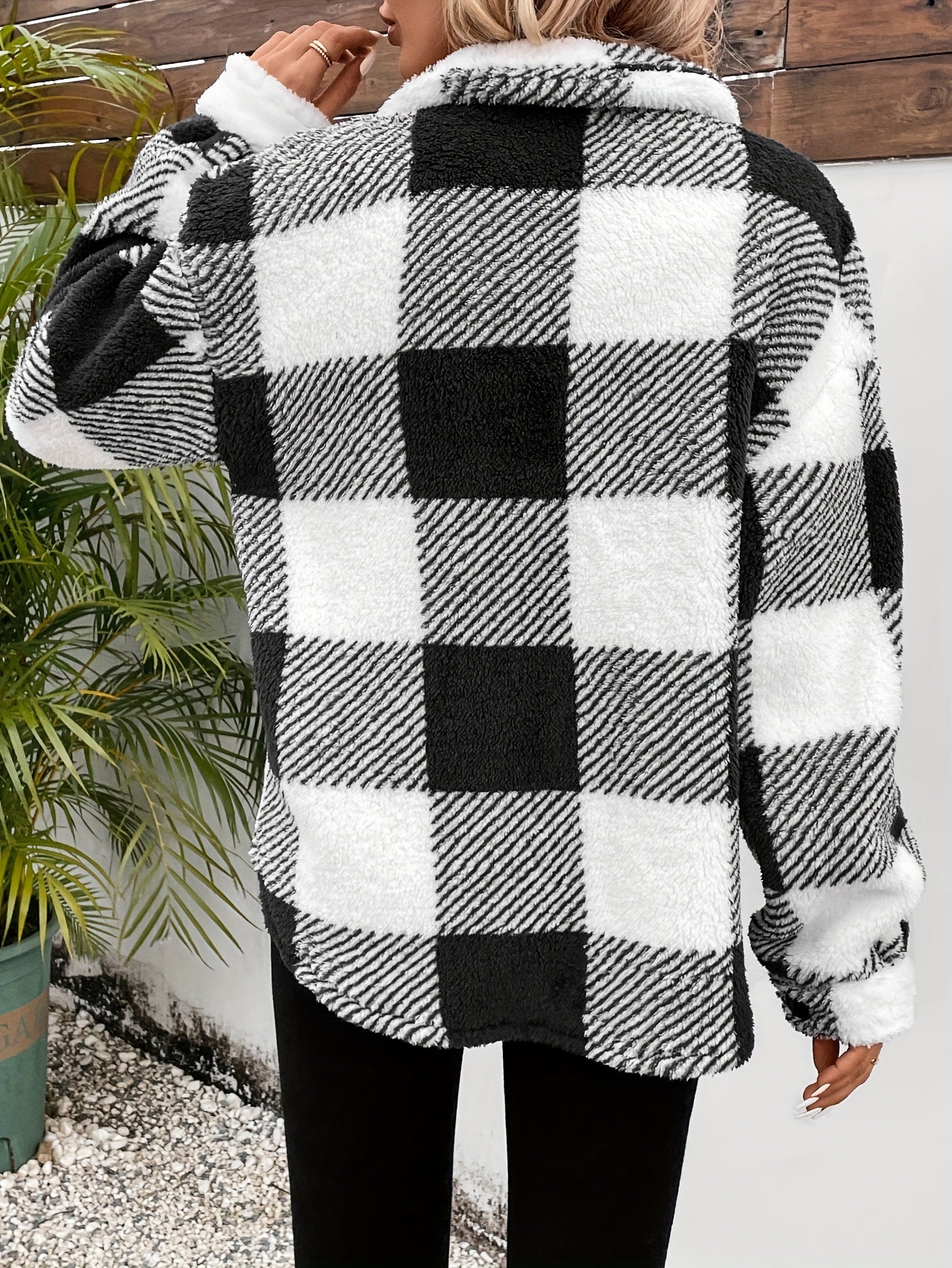 Plaid Fuzzy Fall & Winter Coat, Casual Button Front Long Sleeve Warm Outerwear, Women's Clothing