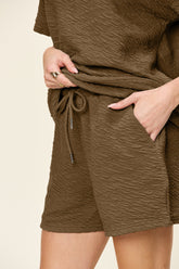 Double Take Full Size Texture Short Sleeve T-Shirt and Drawstring Shorts Set - MyEmpired