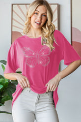 Heimish Full Size Rhinestone Butterfly Round Neck Short Sleeve T-Shirt Plus Size - MyEmpired