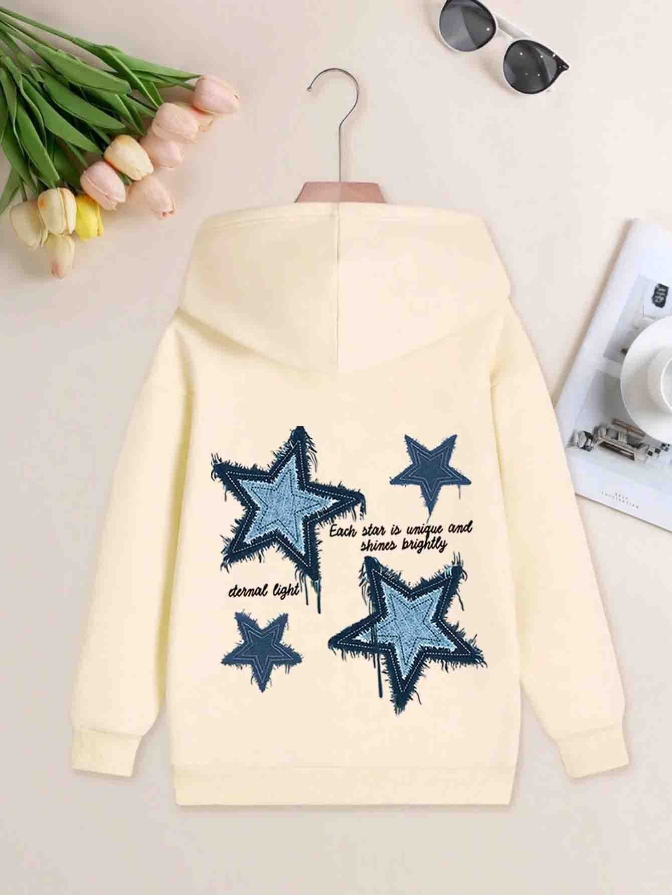 Girls' Cozy Apricot Hoodie with Star Print - Casual Long Sleeve Pullover, Perfect for Fall & Spring