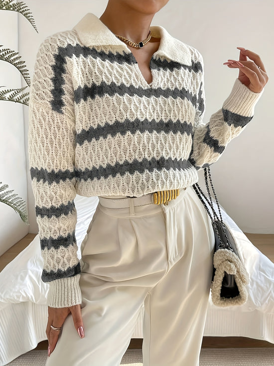 Striped Cable Knit Sweater, Elegant Collared Long Sleeve Drop Shoulder Sweater For Fall & Winter, Women&