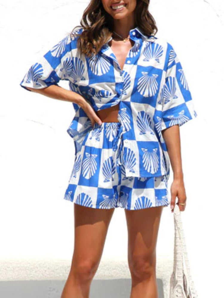 Printed Button Down Short Sleeve Top and Shorts Set - MyEmpired