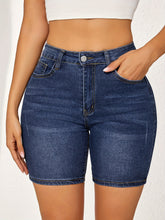 Plain Washed Blue Whiskering Denim Shorts, Slash Pocket Stretchy Denim Shorts, Women&