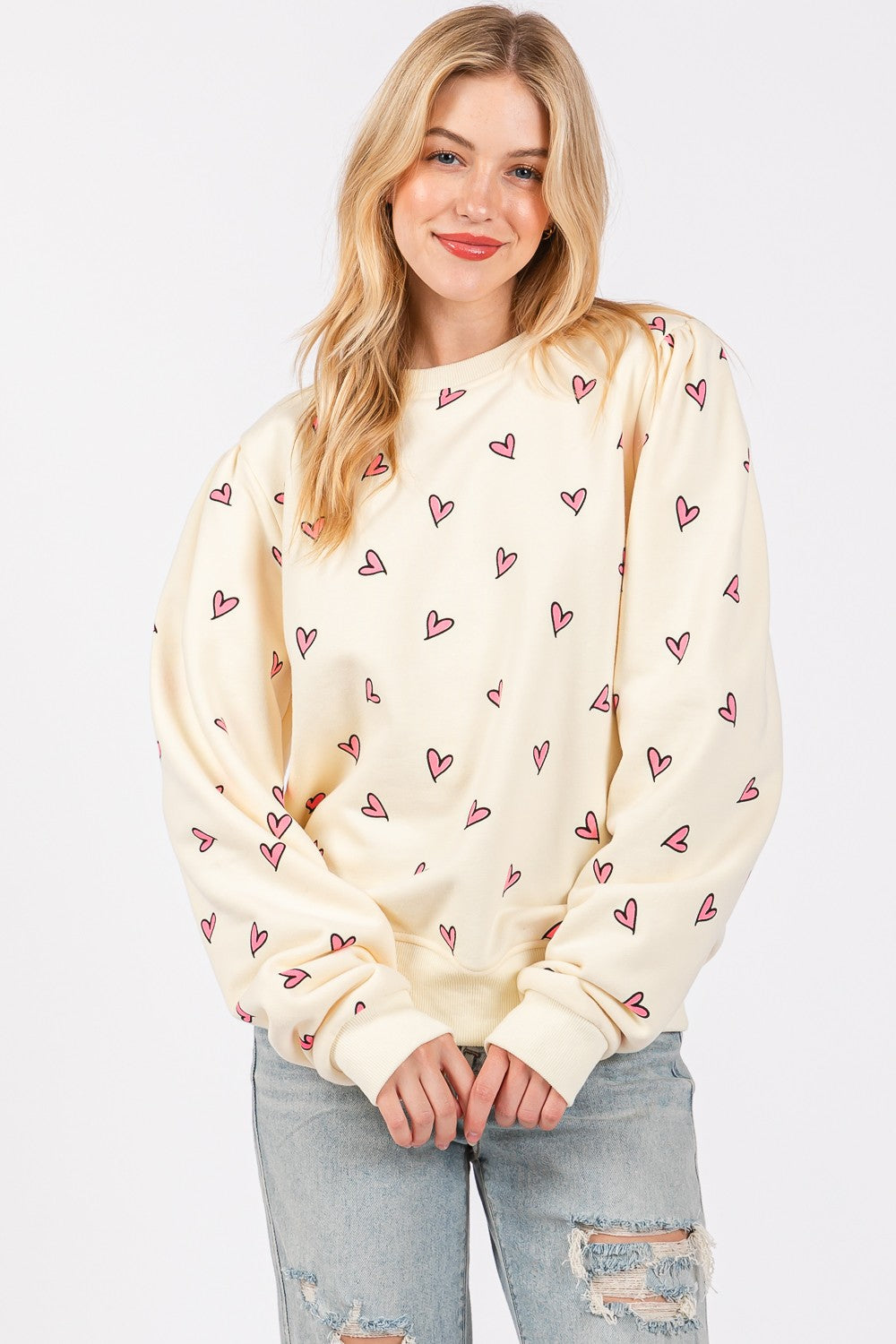 SAGE + FIG Heart Printed Contrast Long Sleeve Sweatshirt - MyEmpired