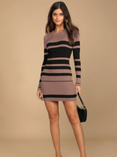 Elegant Striped Sweater Dress for Women - Viscose Blend Bodycon Knit Fabric with Color Block Design, Crew Neck, Long Sleeves - MyEmpired