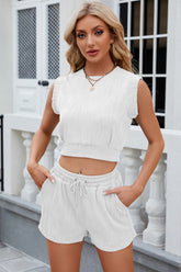 Round Neck Top and Drawstring Shorts Set - MyEmpired