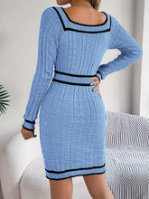 Elegant Striped Knit Bodycon Dress with Button Detail - Square Neck, Long Sleeve, Perfect for Fall & Winter - Women&