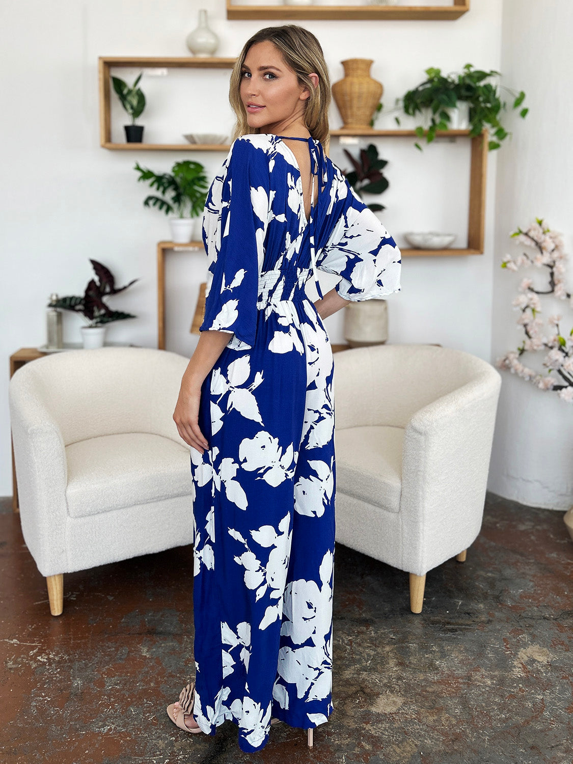 Double Take Full Size Printed Tie Back Wide Leg Jumpsuit - MyEmpired