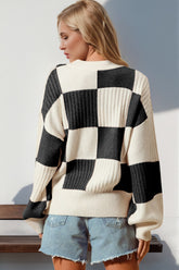 Double Take Full Size Checkered Dropped Shoulder Cardigan - MyEmpired