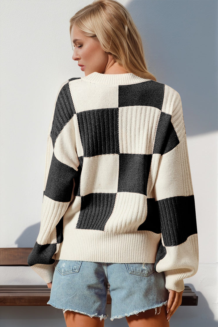 Double Take Full Size Checkered Dropped Shoulder Cardigan - MyEmpired