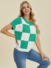 Double Take Full Size Checkered Round Neck Short Sleeve Sweater - MyEmpired