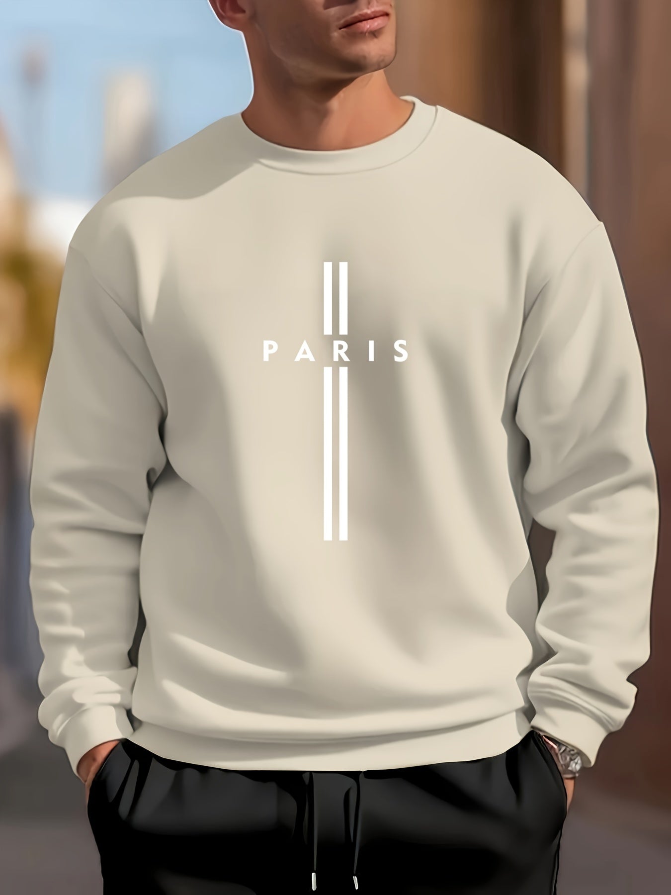 PARIS Letter Print Men's Crew Neck Long Sleeve Sweatshirt, Trendy Pullover Sweatshirt, Casual Comfy Versatile Top For Spring & Autumn, Outdoor Sports