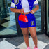 Letter Print Matching Two-piece Set, Color Block Jacket & Elastic Shorts Outfits, Women&