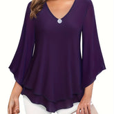 Solid Color V-neck Blouse, Casual Flare Sleeve Layered Hem Top For Spring & Fall, Women&