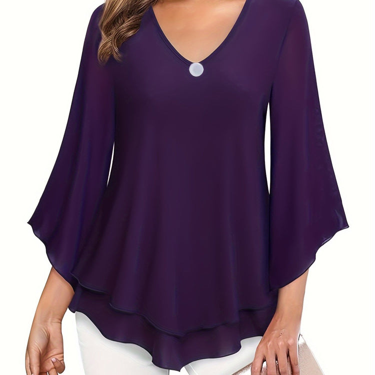 Solid Color V-neck Blouse, Casual Flare Sleeve Layered Hem Top For Spring & Fall, Women&
