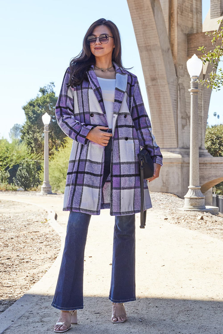 Double Take Full Size Plaid Button Up Lapel Collar Coat - MyEmpired